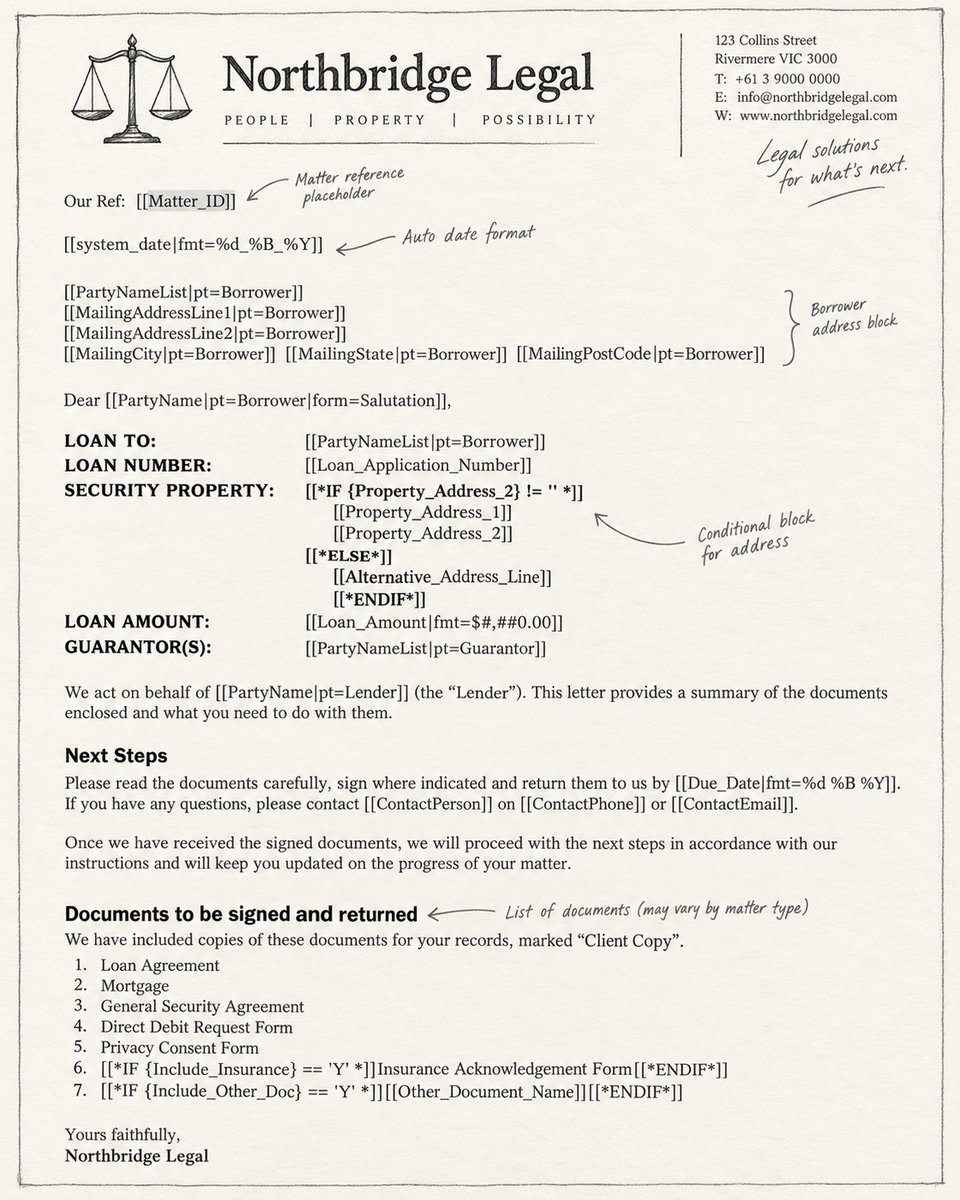An example of a legal template using proprietary placeholder syntax.