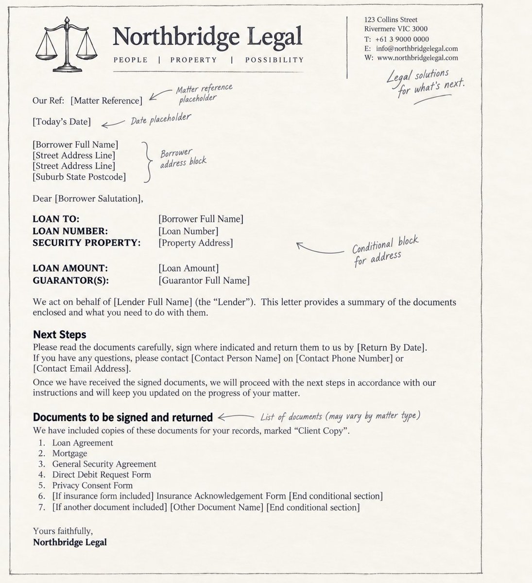 A LxOS legal template with placeholders and conditional instructions written in plain English.